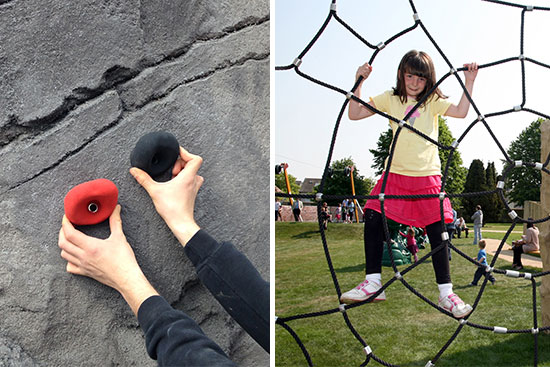 hand and foothold and rope nets for artificial climbing rocks